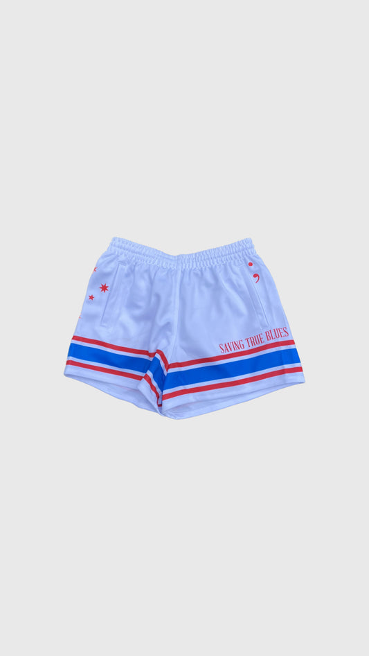 FOOTY SHORTS - WHITE, RED & BLUE